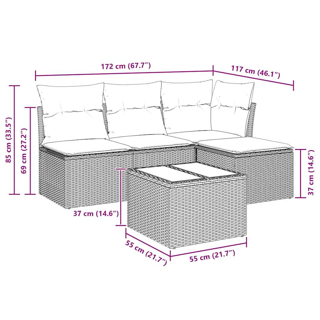 HKH 5 Pcs Conjunto de Sofás P/ Jardim com Almofadões Vime Pe - Bege