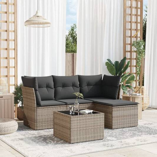 HKH 5 Pcs Conjunto Sofás de Jardim C/ Almofadões Vime Pe - Cinzento