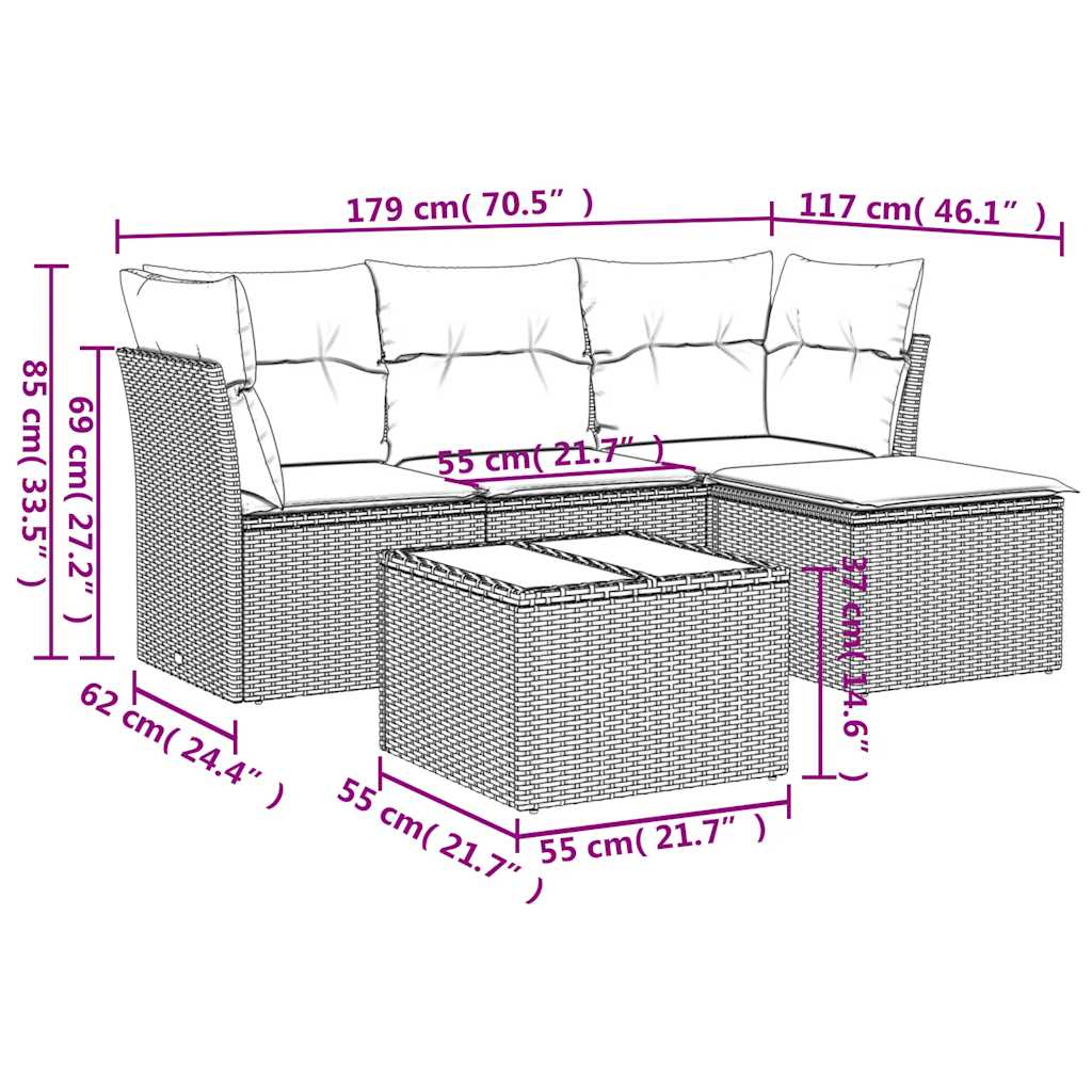 HKH 5 Pcs Conj. Sofás Jardim C/ Almofadões Vime Pe -claro - Cinzento