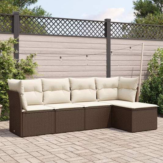 HKH 5 Pcs Conjunto Sofás P/ Jardim C/ Almofadões Vime Pe Castanho - Marrom