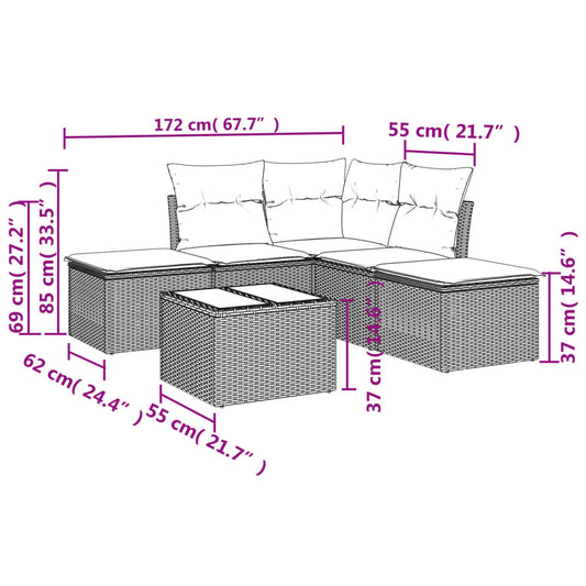 HKH 6 Pcs Conjunto Sofás de Jardim C/ Almofadões Vime Pe - Preto