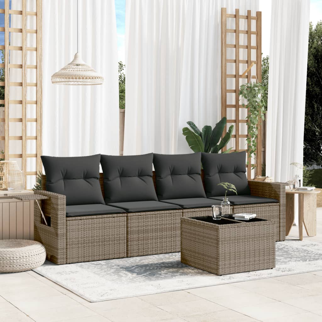 HKH 5 Pcs Conjunto Sofás de Jardim C/ Almofadões Vime Pe - Cinzento