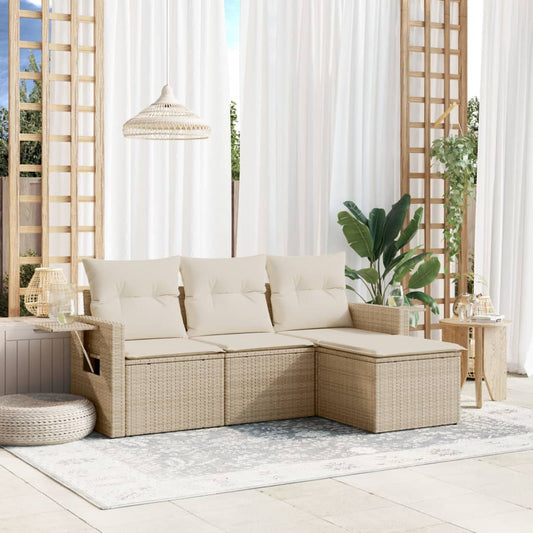HKH 4 Pcs Conjunto de Sofás para Jardim C/ Almofadões Vime Pe - Bege