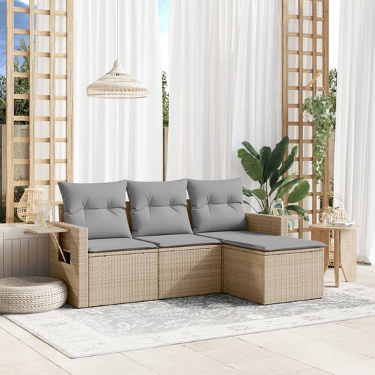 HKH 4 Pcs Conjunto de Sofás para Jardim C/ Almofadões Vime Pe - Bege