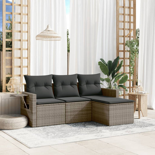 HKH 4 Pcs Conjunto Sofás de Jardim C/ Almofadões Vime Pe - Cinzento