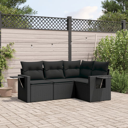 HKH 4 Pcs Conjunto de Sofás para Jardim C/ Almofadões Vime Pe - Preto