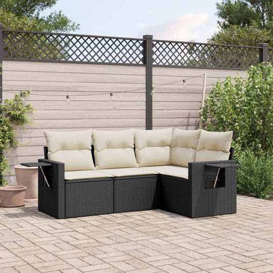 HKH 4 Pcs Conjunto de Sofás para Jardim C/ Almofadões Vime Pe - Preto
