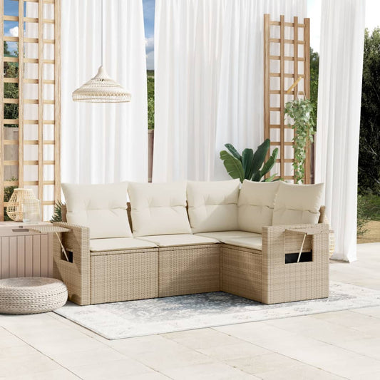 HKH 4 Pcs Conjunto de Sofás para Jardim C/ Almofadões Vime Pe - Bege