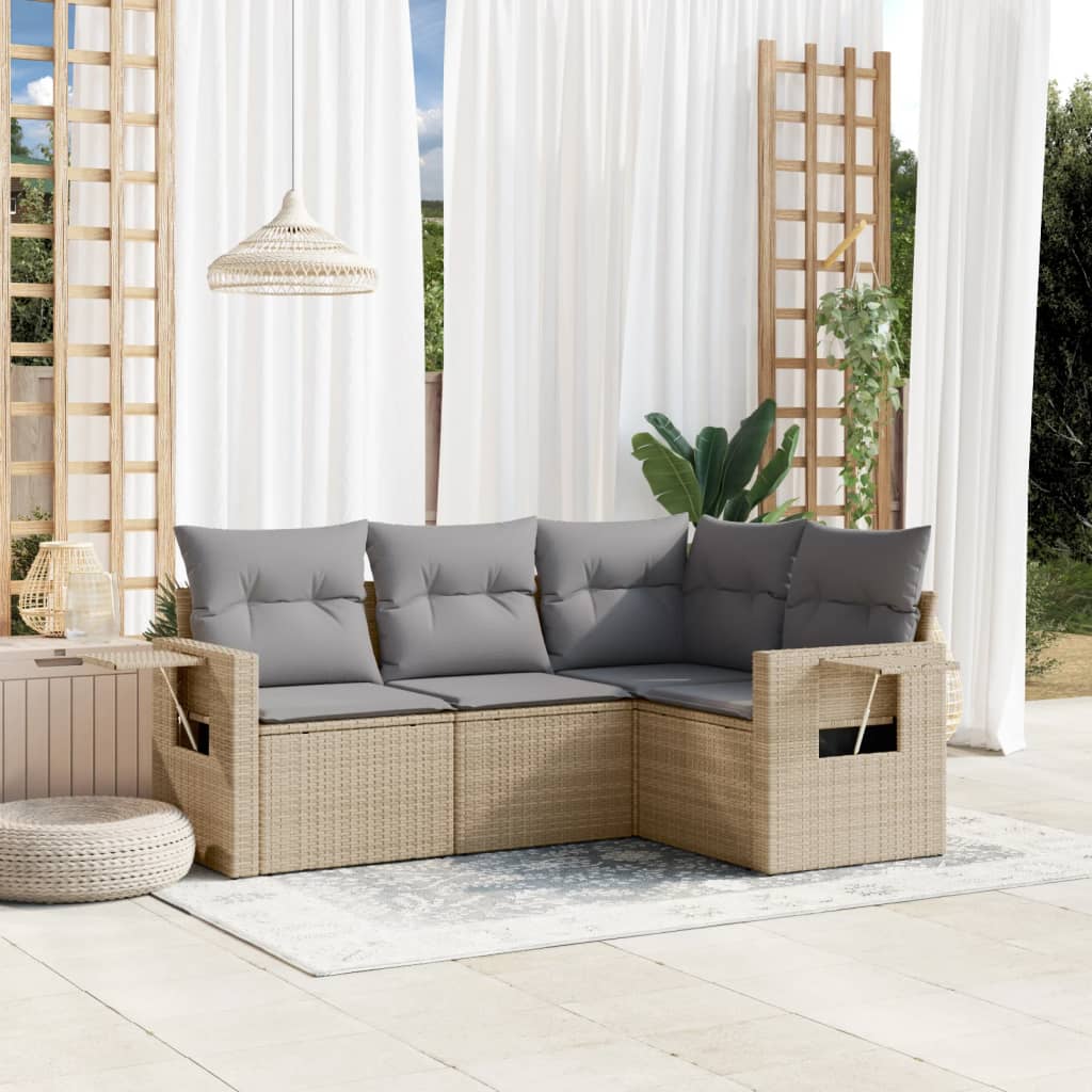 HKH 4 Pcs Conjunto de Sofás para Jardim C/ Almofadões Vime Pe - Bege
