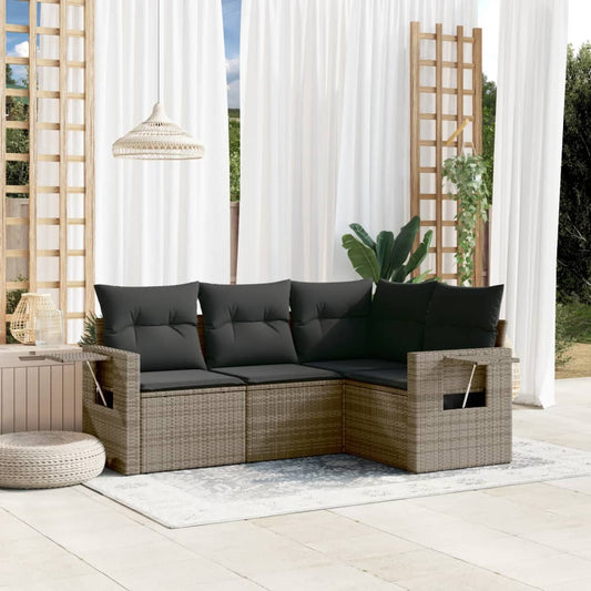 HKH 4 Pcs Conjunto Sofás de Jardim C/ Almofadões Vime Pe - Cinzento