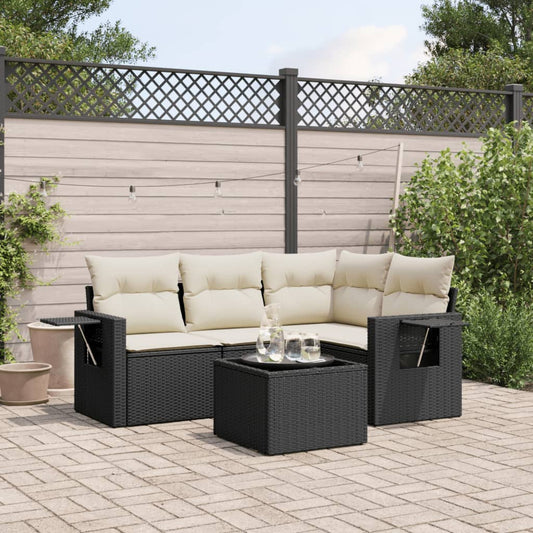 HKH 5 Pcs Conjunto Sofás de Jardim com Almofadões Vime Pe - Preto