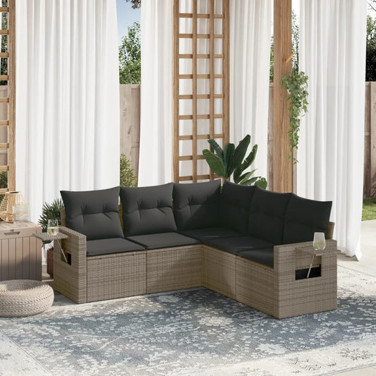 HKH 5 Pcs Conjunto Sofás de Jardim C/ Almofadões Vime Pe - Cinzento