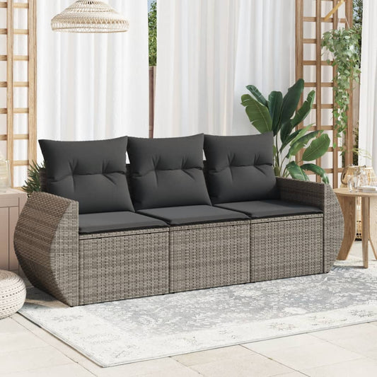 HKH 3 Pcs Conjunto Sofás de Jardim C/ Almofadões Vime Pe - Cinzento