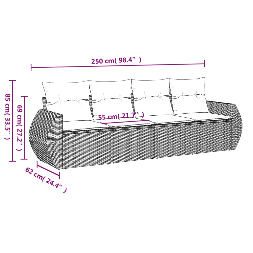 HKH 4 Pcs Conjunto Sofás de Jardim C/ Almofadões Vime Pe - Cinzento