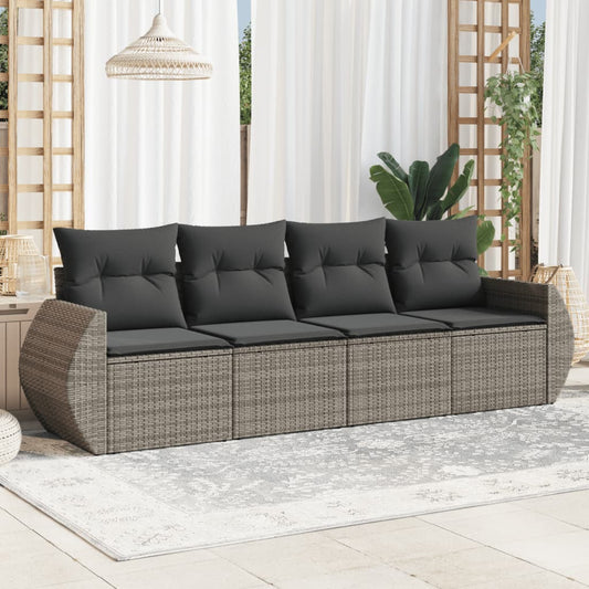 HKH 4 Pcs Conjunto Sofás de Jardim C/ Almofadões Vime Pe - Cinzento