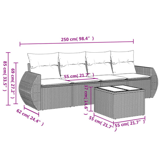 HKH 5 Pcs Conjunto Sofás de Jardim com Almofadões Vime Pe - Preto