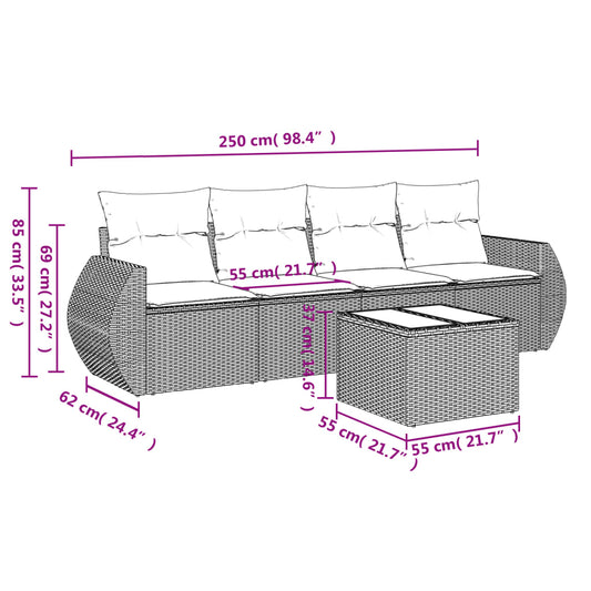 HKH 5 Pcs Conjunto Sofás de Jardim C/ Almofadões Vime Pe - Cinzento