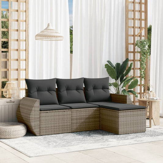 HKH 4 Pcs Conjunto Sofás de Jardim C/ Almofadões Vime Pe - Cinzento