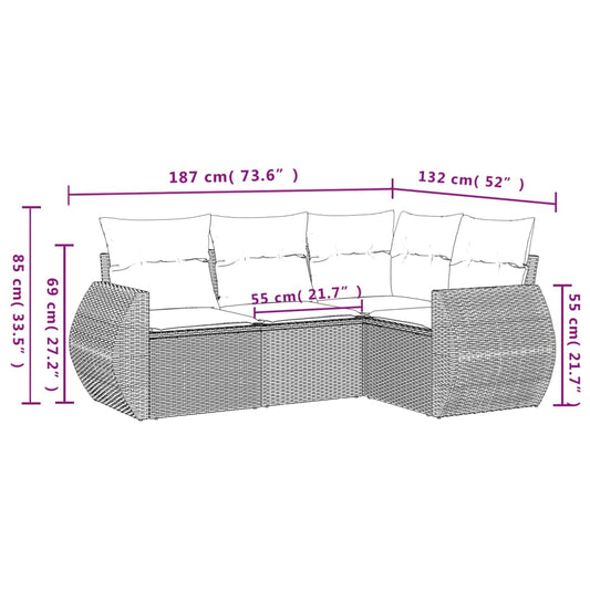 HKH 4 Pcs Conjunto de Sofás para Jardim C/ Almofadões Vime Pe - Preto