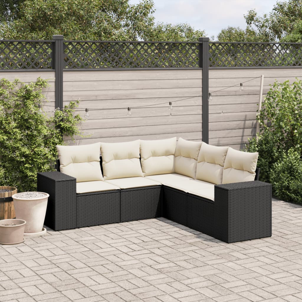 HKH 5 Pcs Conjunto Sofás de Jardim com Almofadões Vime Pe - Preto