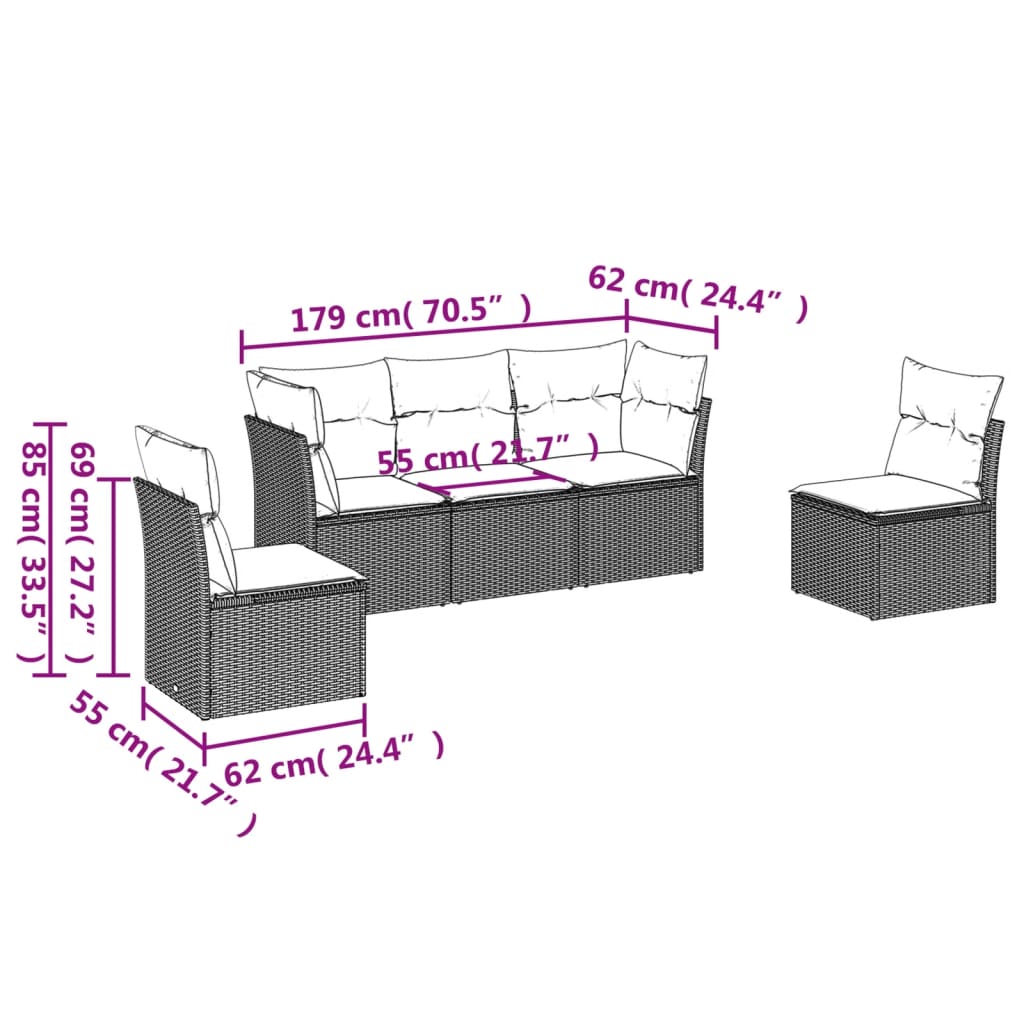 HKH 5 Pcs Conjunto Sofás de Jardim com Almofadões Vime Pe - Preto