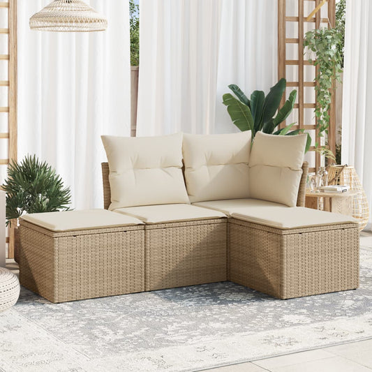 HKH 4 Pcs Conjunto de Sofás para Jardim C/ Almofadões Vime Pe - Bege
