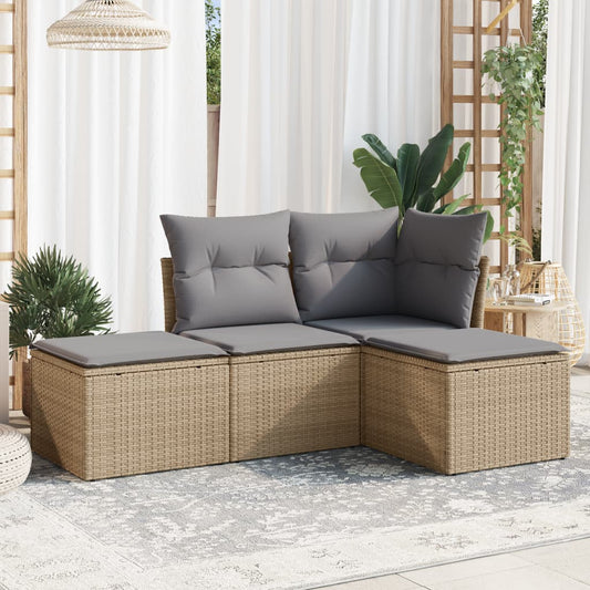 HKH 4 Pcs Conjunto de Sofás para Jardim C/ Almofadões Vime Pe - Bege