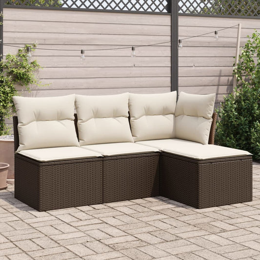 HKH 4 Pcs Conjunto Sofás de Jardim C/ Almofadões Vime Pe Castanho - Marrom