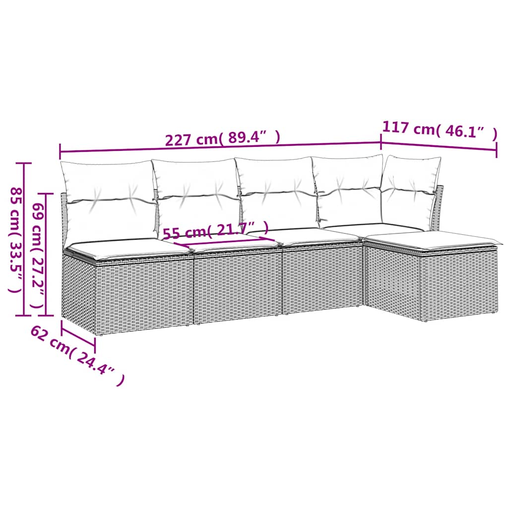 HKH 5 Pcs Conj. Sofás Jardim C/ Almofadões Vime Pe -claro - Cinzento