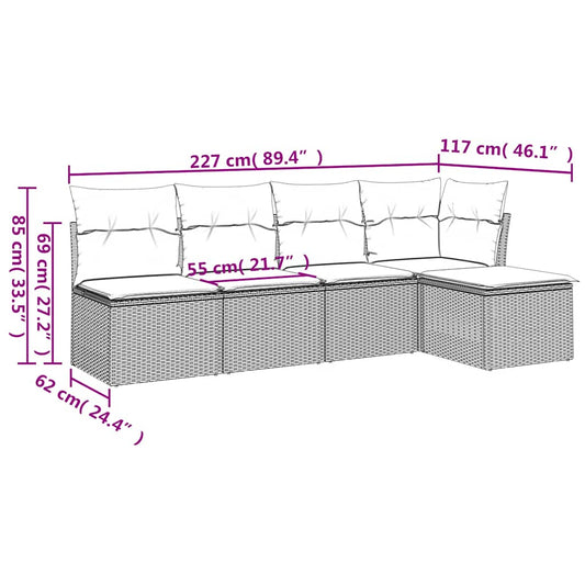 HKH 5 Pcs Conj. Sofás Jardim C/ Almofadões Vime Pe -claro - Cinzento