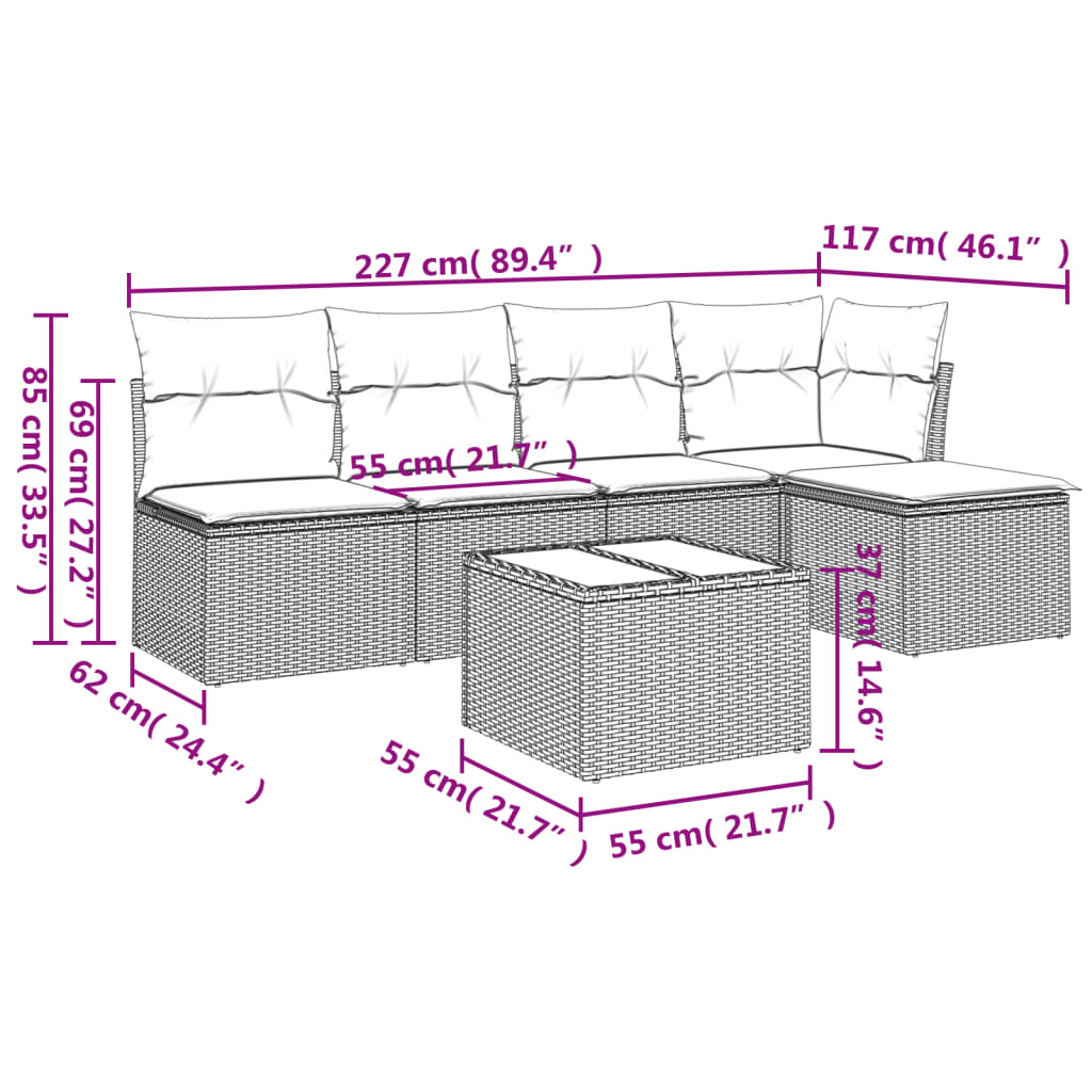 HKH 6 Pcs Conjunto Sofás de Jardim com Almofadões Vime - Cinzento