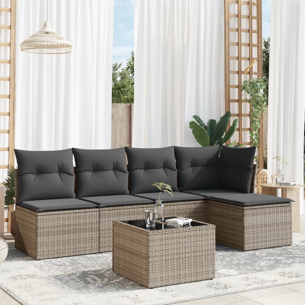 HKH 6 Pcs Conjunto Sofás de Jardim com Almofadões Vime - Cinzento