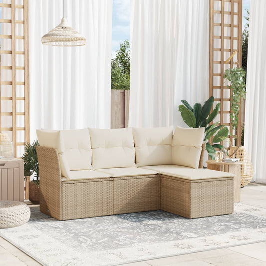 HKH 4 Pcs Conjunto de Sofás para Jardim C/ Almofadões Vime Pe - Bege