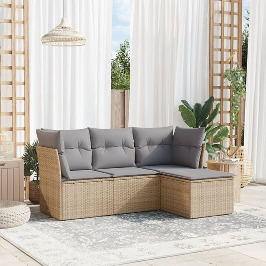 HKH 4 Pcs Conjunto de Sofás para Jardim C/ Almofadões Vime Pe - Bege