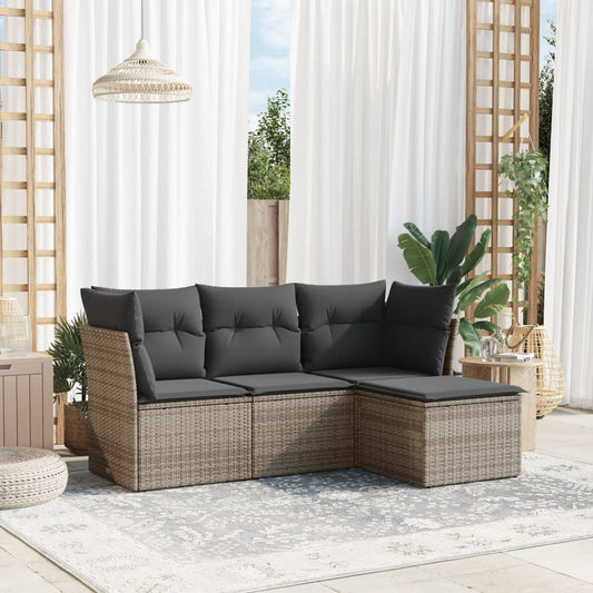 HKH 4 Pcs Conjunto Sofás de Jardim C/ Almofadões Vime Pe - Cinzento