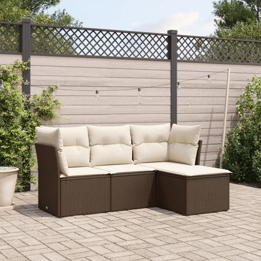 HKH 4 Pcs Conjunto Sofás de Jardim C/ Almofadões Vime Pe Castanho - Marrom