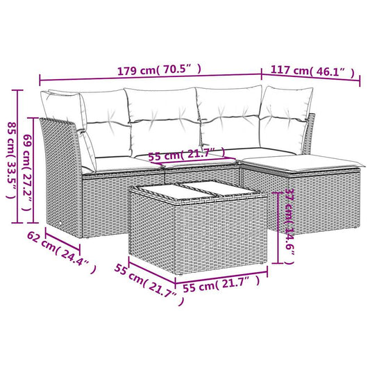 HKH 5 Pcs Conj. Sofás Jardim C/ Almofadões Vime Pe Cinzento-claro - Cinzeto