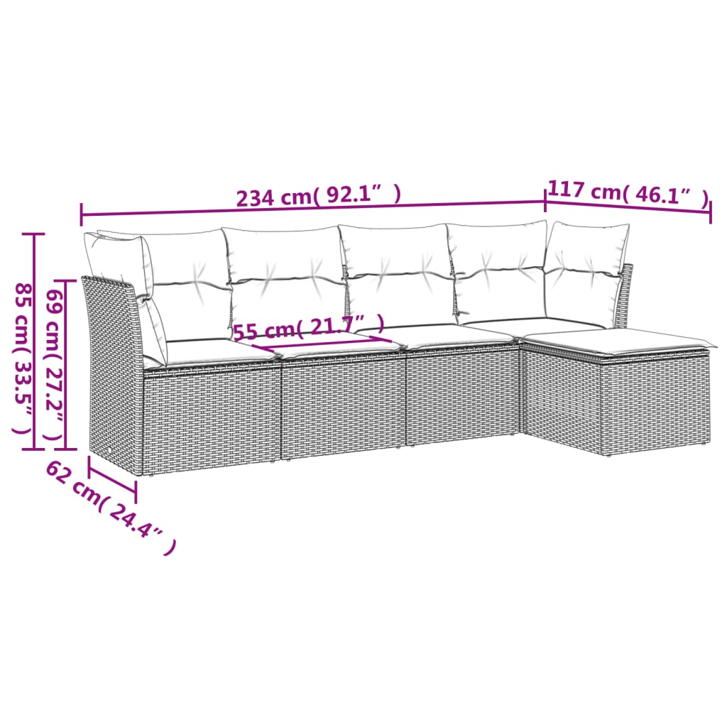 HKH 5 Pcs Conjunto de Sofás P/ Jardim com Almofadões Vime Pe - Bege