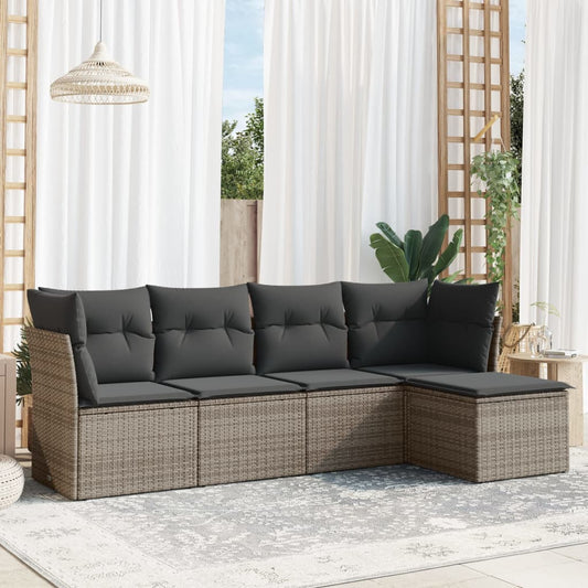 HKH 5 Pcs Conjunto Sofás de Jardim C/ Almofadões Vime Pe - Cinzento