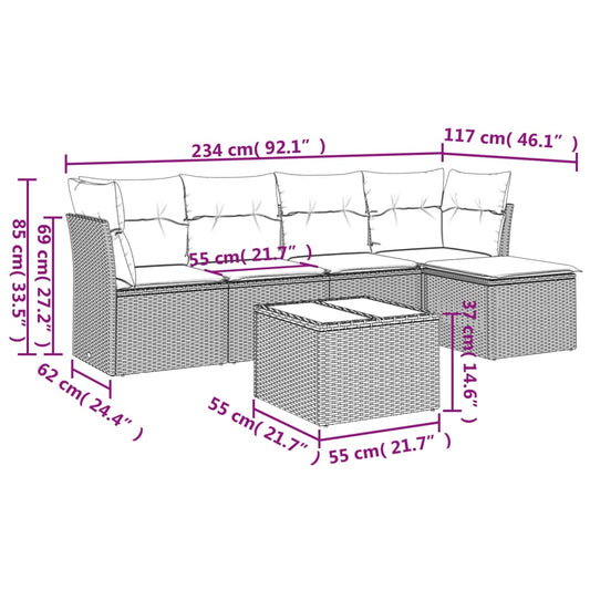 HKH 6 Pcs Conjunto Sofás de Jardim C/ Almofadões Vime Pe - Preto