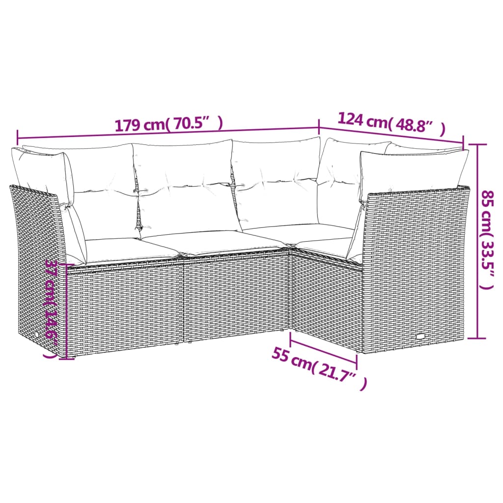 HKH 4 Pcs Conjunto de Sofás para Jardim C/ Almofadões Vime Pe - Preto