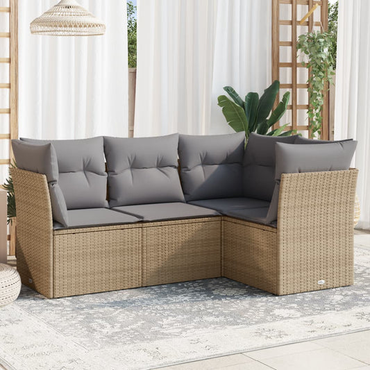 HKH 4 Pcs Conjunto de Sofás para Jardim C/ Almofadões Vime Pe - Bege