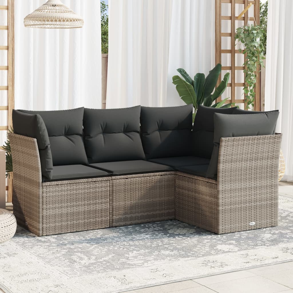 HKH 4 Pcs Conj. Sofás Jardim C/ Almofadões Vime Pe -claro - Cinzento