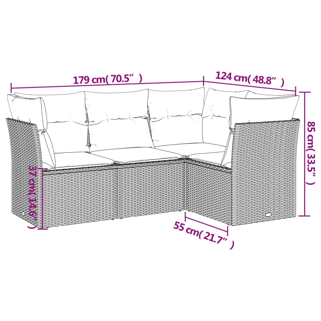 HKH 4 Pcs Conjunto Sofás de Jardim C/ Almofadões Vime Pe Castanho - Marrom
