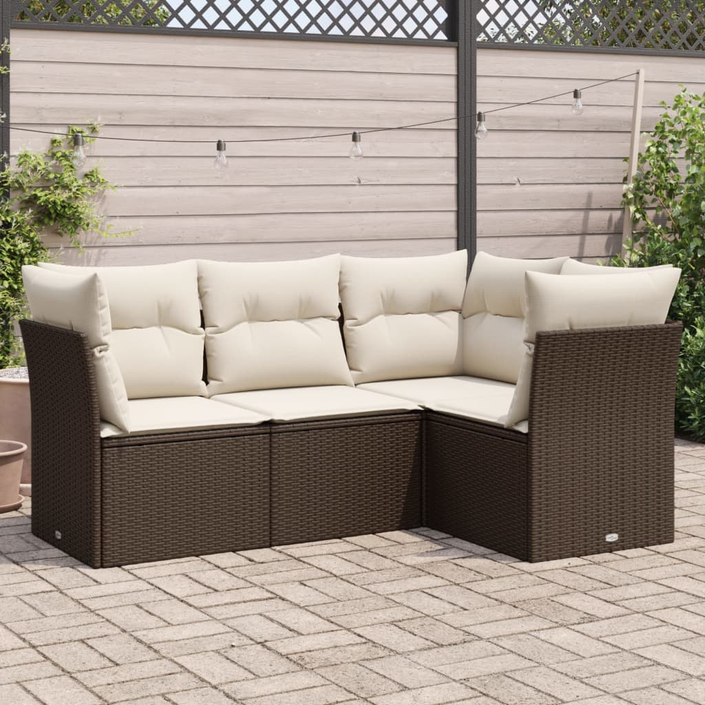 HKH 4 Pcs Conjunto Sofás de Jardim C/ Almofadões Vime Pe Castanho - Marrom