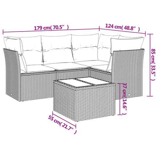 HKH 5 Pcs Conjunto Sofás de Jardim C/ Almofadões Vime Pe Cinzento - Cinzeto