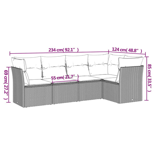 HKH 5 Pcs Conjunto Sofás de Jardim C/ Almofadões Vime Pe Cinzento - Cinzeto