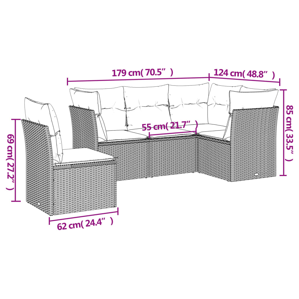 HKH 5 Pcs Conjunto Sofás de Jardim com Almofadões Vime Pe - Preto