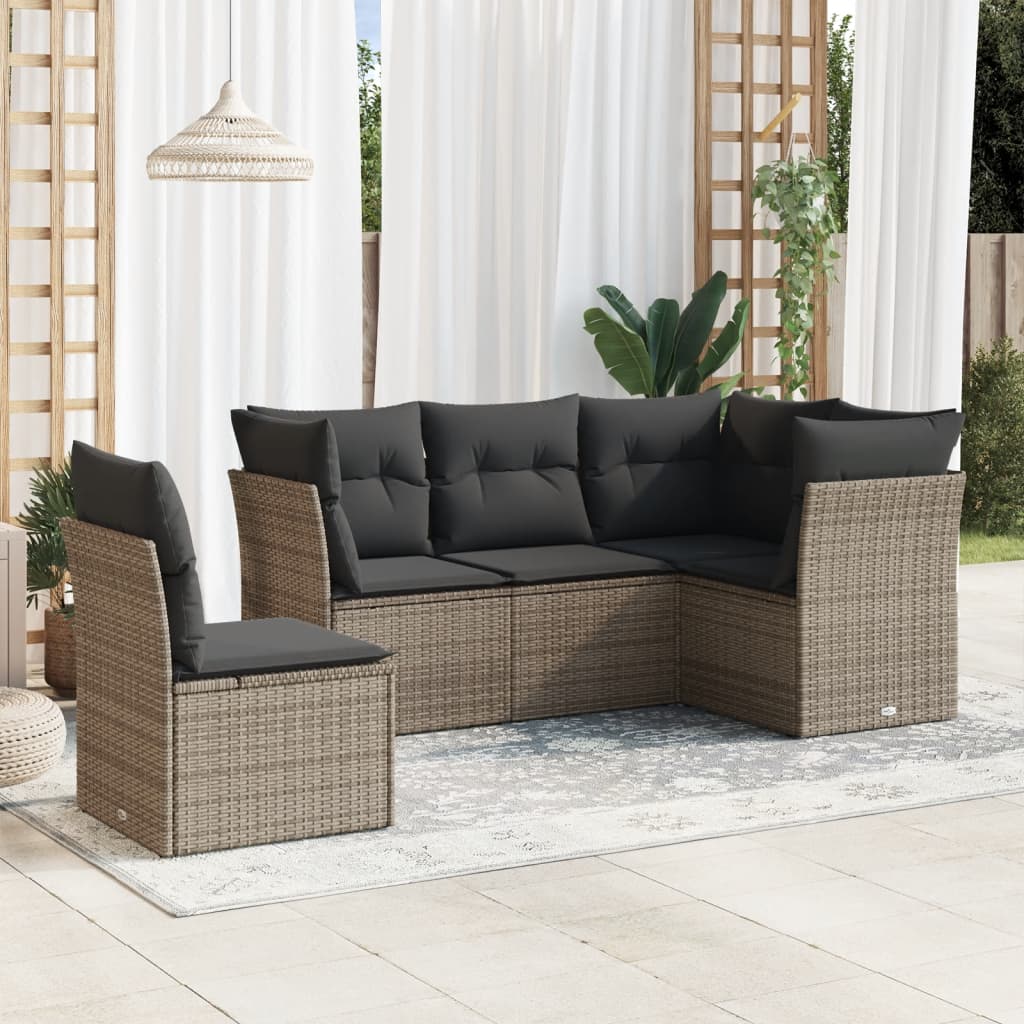 HKH 5 Pcs Conjunto Sofás de Jardim C/ Almofadões Vime Pe Cinzento - Cinzeto