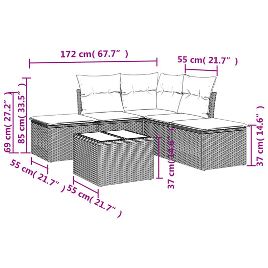 HKH 6 Pcs Conjunto Sofás de Jardim C/ Almofadões Vime Pe - Preto